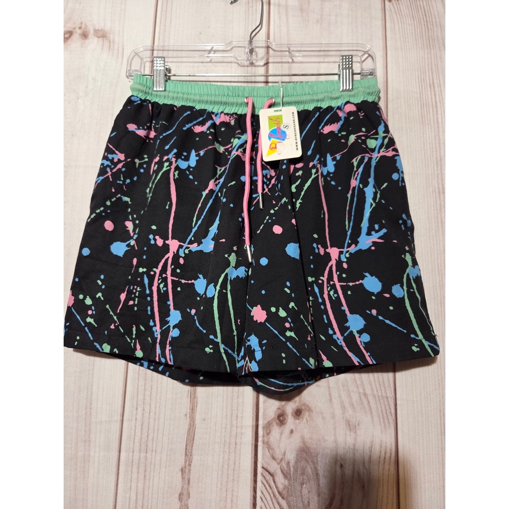 B Fresh Gear Mens Retro Paint‎ Splatter Swim Trunks Black Pink Green Small NWT